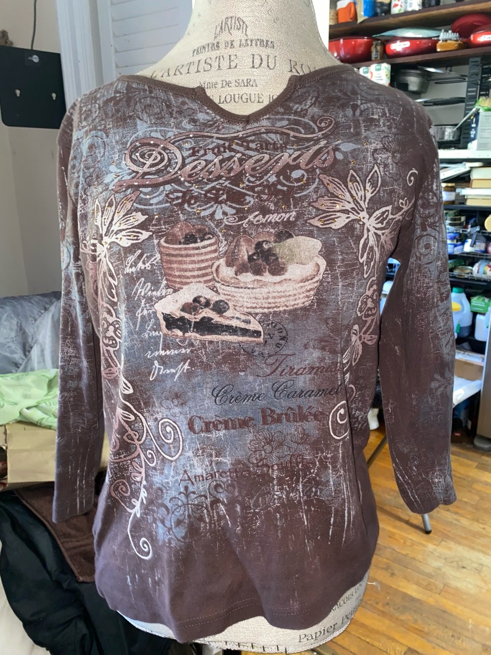 Y2K Artsy Brown “Desserts” Embellished Top